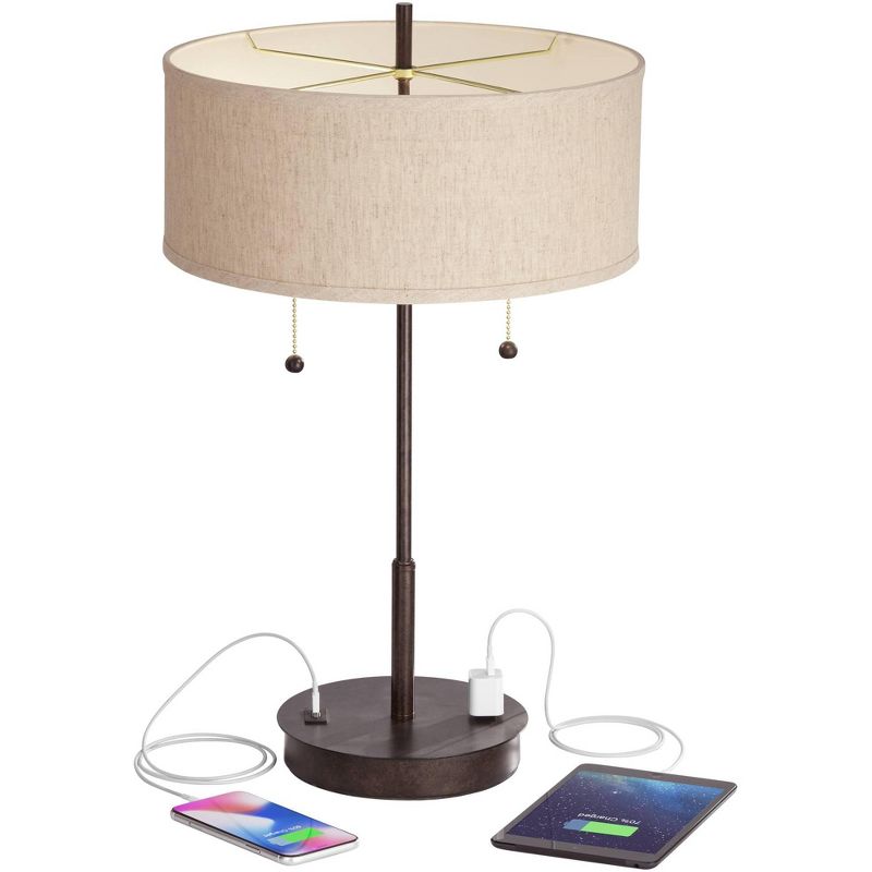 360 Lighting Modern Accent Table Lamp with USB and AC Power Outlet 23 1/2" High Bronze Fabric Drum Shade for Bedroom Living Room House Desk Bedside, 3 of 10