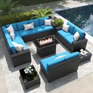 LayinSun 13 Pieces Outdoor Patio Furniture Set with 44" Fire Pit Table Rattan Sectional Sofa Conversation Sets - 1 of 4