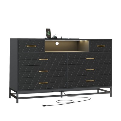 COZONY 8 Drawer Wood Dresser for Bedroom, Wooden Dresser with LED Light & Power Outlet, Modern Wide TV Stand Cabinet for 55" TV