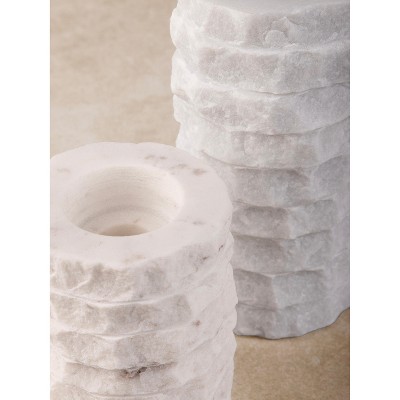 Flores White Marble Chiseled Taper Candle Holders, Set of 2