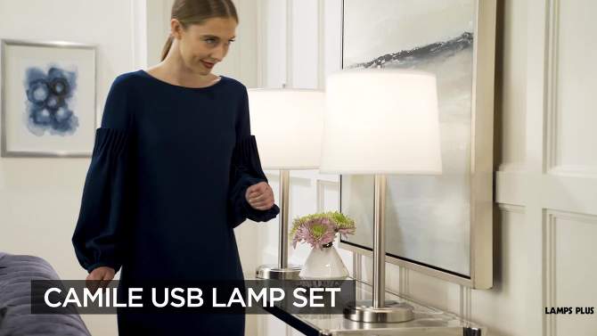 360 Lighting Camile Modern Table Lamps 25" High Set of 2 Brushed Nickel with USB Charging Port Off White Drum Shade for Living Room Office House Desk, 2 of 10, play video