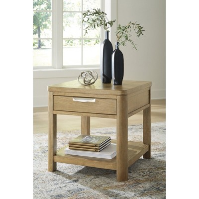 Light Brown Rectangular Wood End Table with Storage