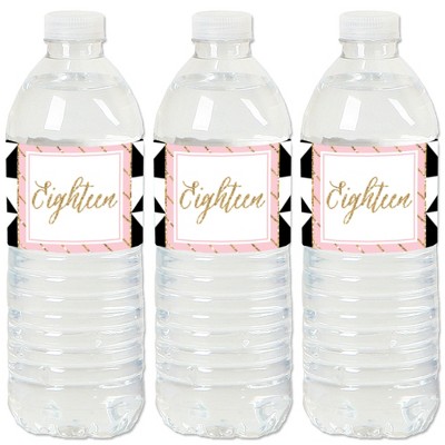 Big Dot of Happiness Chic 18th Birthday - Pink, Black and Gold - Birthday Party Water Bottle Sticker Labels - Set of 20