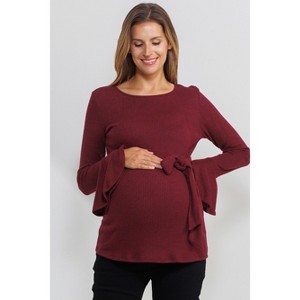 Hello MIZ Womens Solid Bell Sleeve Maternity Top with Keyhole Back and Faux Waist Tie - 1 of 1