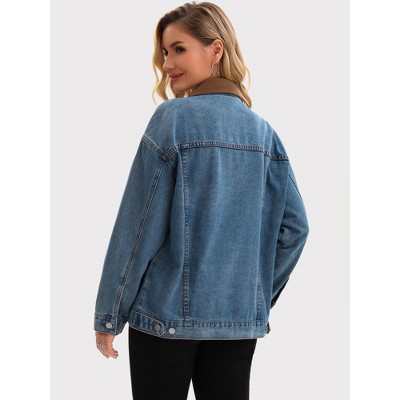 INSPIRE CHIC Women's Denim Corduroy Collar Long Sleeves Button Down Western Shacket Jean Jackets Retro Blue Large — фото 4