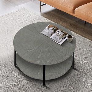 Round Coffee Table With 2-Tier Storage, Farmhouse Living Room Cocktail Table With Metal Leg, Patchwork Desktop Effect - 1 of 4