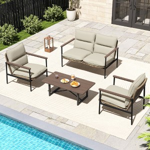 HAPPATIO Outdoor Furniture Set, Patio Aluminum Conversation Set with Wicker Seat and Acacia Wood Armrest, Thick Olefin Cushion - 1 of 4