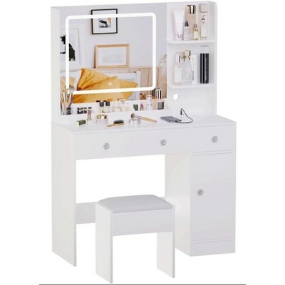 Coucheta White Vanity Dresser with LED Mirror - 5 Drawers, 10 Light Bulbs, Storage Boxes & Stool Included, MDF Dressing Table