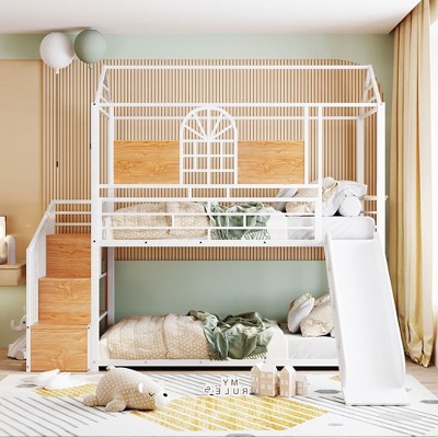NicBex Twin Over Twin Metal Bunk Bed with Guardrail,House-Shaped Loft Bed with Slide and Storage Stair for Bedroom,Black+Brown/Black/White