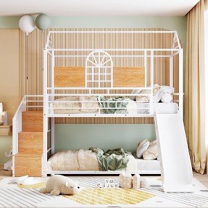 NicBex Twin Over Twin Metal Bunk Bed with Guardrail,House-Shaped Loft Bed with Slide and Storage Stair for Bedroom,Black+Brown/Black/White - 1 of 4