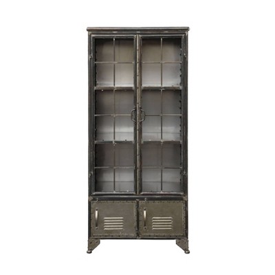 Distressed Black Metal 57.5" Tall Storage Cabinet with Glass Doors