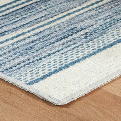 Blue and White Striped 4' x 6' Washable Synthetic Rug