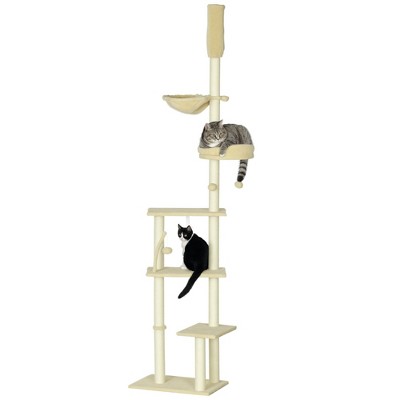 SKYONE Beige Floor-to-Ceiling Cat Tree with Adjustable Height, Multiple Platforms, Bed, Hammock,
