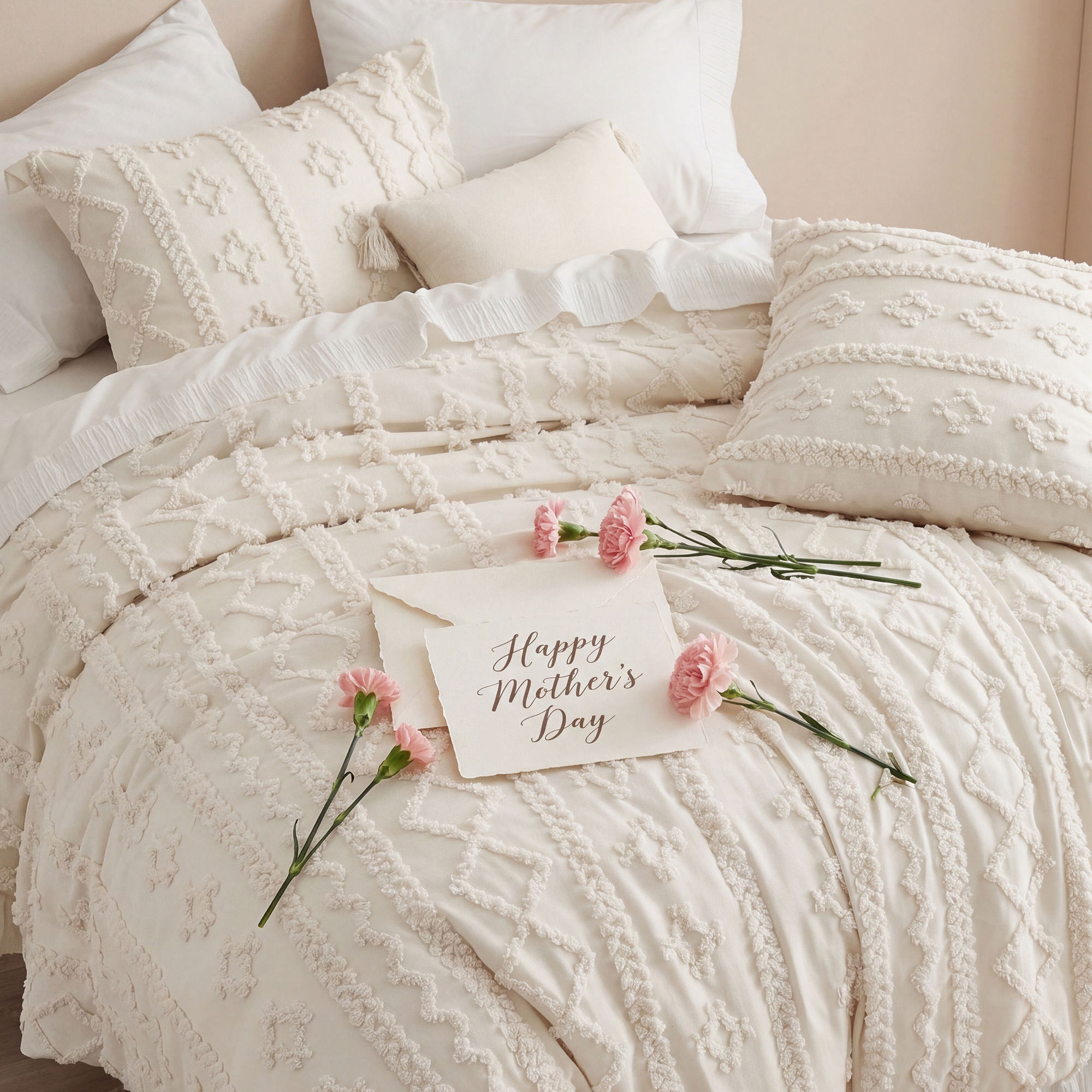 3Pcs Tufted Boho Farmhouse Shabby Chic Embroidery Beige Queen Size Comforter Set - Bedsure