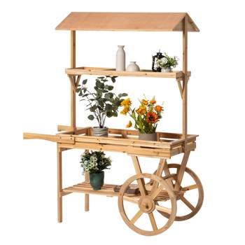 Vintiquewise Large Wooden 3 Tier Rolling Table Cart with 2 Wheels for Home Decor Modern Wagon with Shelves