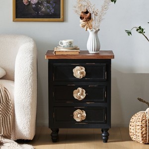 CAVINAS 19" Farmhouse Nightstand with Floral Knobs,Rustic Bedside Table with 3 Drawers & Gourd Legs for Bedroom - 1 of 4