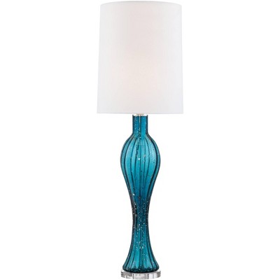 Possini Euro Design Coastal Console Table Lamp Blue Fluted Art Glass White Cylinder Shade for Living Room Family Bedroom Bedside