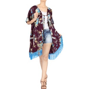 LA LEELA Women's Summer Open Front Vacation Beachwear Bathing Suit Boho Beach Duster Holiday Cover ups Cardigan XL-XXL Purple, Floral - 1 of 4