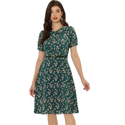 INSPIRE CHIC Women's Peter Pan Collar Tie Neck Short Sleeve A-Line Elegant Belted Floral Dress