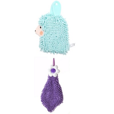REGALWOVEN Soft Absorbent Flower Pattern and Sheep Pattern Chenille Hand Towel with Loop 6" x 15"/7" x 11" 2 Pcs