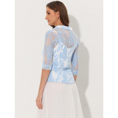 INSPIRE CHIC Women's Bussiness Casual Blazers Floral Lace 3/4 Sleeve Single Button Elegant Blazer Suits Blue Small — фото 4