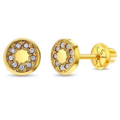 Girls' Round CZ Encrusted Screw Back 14k Gold Earrings - In Season Jewelry