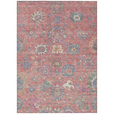 Coral Plum And Blue Floral Washable Indoor Outdoor Area Rug