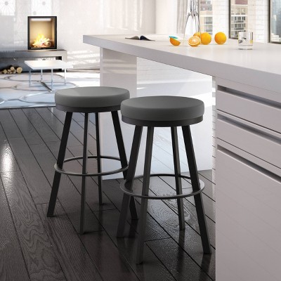 26" Grey Polyester and Black Metal Swivel Counter Stool