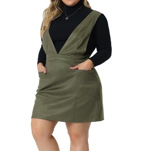 Agnes Orinda Women's Plus Size V Neck Sleeveless Faux Suede Pockets Pinafore Overall Mini Skirts - 1 of 4