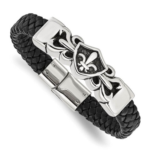 Black Bow Jewelry Stainless Steel & Black Leather Fleur de Lis Shield Bracelet, 8.25 In - image 1 of 4