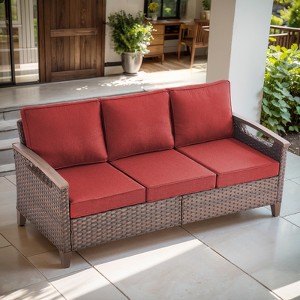 Belord Outdoor Sofa Patio Couch, All Weather Brown Wicker 3-Seater Outdoor Furniture Sofa with Dark Brown Hand-Brushed Arms & Comfort 4" Cushion - 1 of 4