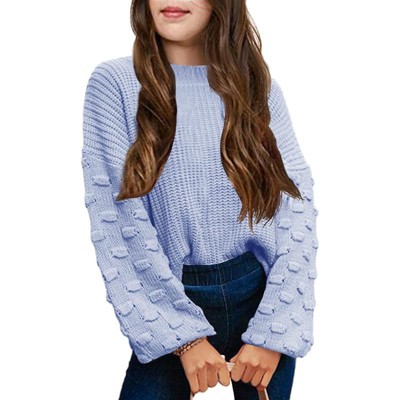 Girls Pullover Sweater Cable Knit Soft Comfy Sweater for Girls Crew Neck Sweater Puff Sleeve Ribbed Knit Cuff