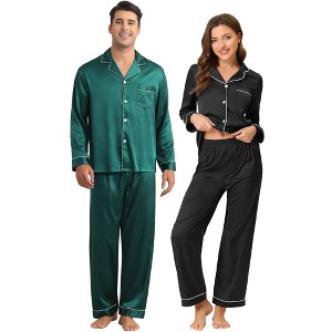 INSPIRE CHIC Couples Pajamas Sets Button Down Long Sleeve 2 Pack Satin Pajamas Sets - 1 of 4