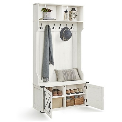 VASAGLE White Hall Tree with Bench and Shoe Storage, Entryway Coat Rack with Shoe Bench, Farmfouse Wooden Shoe Cabinet
