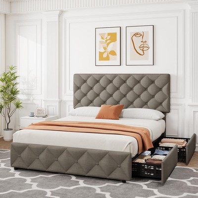 Full/Queen/King Size Bed Frame with 4 Storage Drawers, Faux Leather Upholstered Platform Bed Frame with Adjustable Headboard