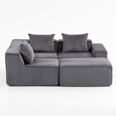 Two-seat modular sofa with cushions, corduroy fabric