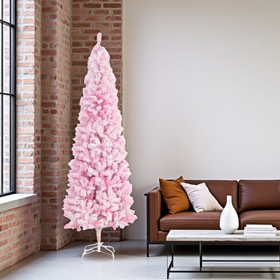 FURNIinspire Artificial Trees Unlit Tall Slim Snow Flocked Artificial Christmas Tree, Christmas Decorations For Holiday, Pink, 31.5"*31.5"*88.5"