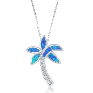 Opalata Sterling Silver Blue Inlay Opal and CZ Palm Tree 18" Pendant Necklace - Blue - 1 of 2
