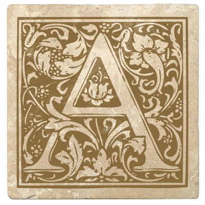 Christmas by Krebs Set of 4 Ivory and Harvest Gold Alphabet "A" Square Monogram Coasters 4"