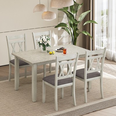 VECELO Farmhouse Style Dining Table Set, Rubber Wood Table with 4/6 Upholstered Dining Chairs, Gray