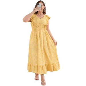 Whizmax Women's Plus Size Summer Dress with Pocket Ruffle Cap Sleeveless V Neck Side Split Long Beach Maxi Dress Yellow Flower 5XL - 1 of 4