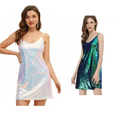 Allegra K Women's Glitter Sequin Spaghetti Strap V Neck Cocktail Sparkly Mini Dress 2 Packs