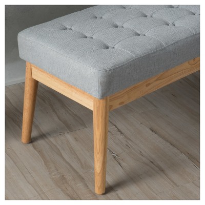 Midcentury Light Grey Tufted Fabric Bench with Birch Legs