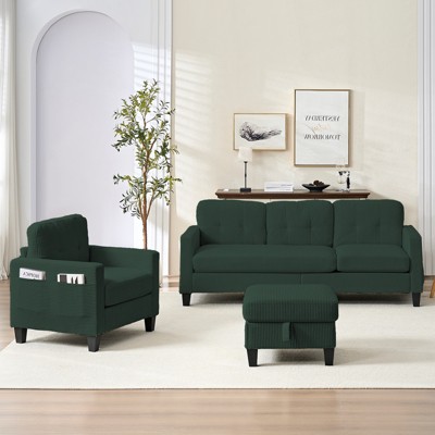 Mjkone 76" Comfort L-Shaped Sectional Sofa Set,Corduroy 3-Seater with Moveable Storage Ottoman/Loveseat/Single Sofa Couch