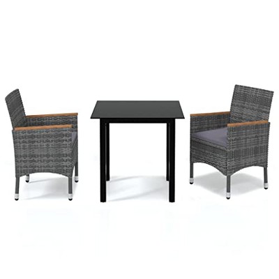 vidaXL Patio Dining Set 3 Piece with Cushions Garden Outdoor Terrace Balcony Dining Table and Chair Seat Seating Furniture Poly Rattan Gray