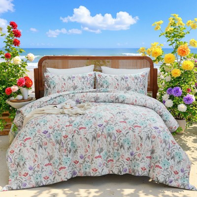 Floral Cotton Comforter Set – 100% Cotton Bedding with Elegant Botanical Print, Soft Lightweight All Season Quilt, King/Queen