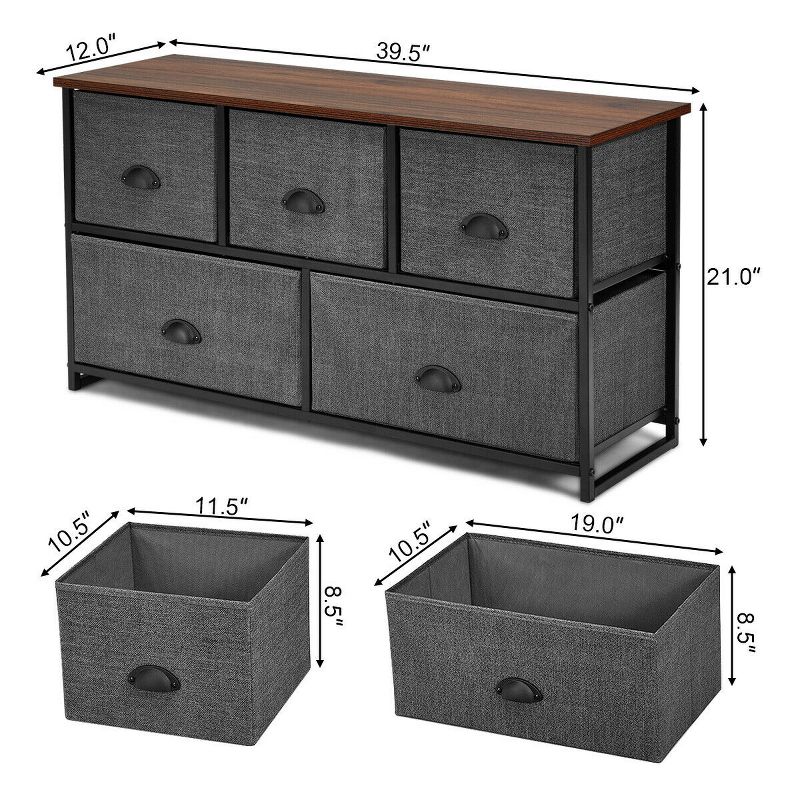 Costway Fabric Dresser Storage Unit Side Table w/ 5 Drawers Metal Frame Brown\Black Table Top, 3 of 11