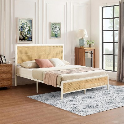Rattan Bed Frame with Headboard, Modern Boho Cane Platform Bed, Heavy Duty Steel Slat Support, Noise-Free, No Box Spring Needed