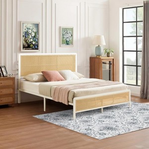 Rattan Bed Frame with Headboard, Modern Boho Cane Platform Bed, Heavy Duty Steel Slat Support, Noise-Free, No Box Spring Needed - 1 of 4