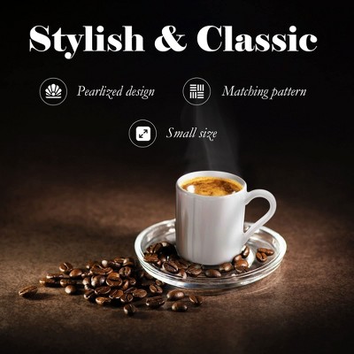 Pearlized White Ceramic Mini Espresso Cups Set with Black Metal Stand